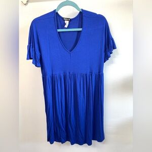 HEIMISH USA Royal Blue V-Neck Midi Dress with Ruffle Sleeves